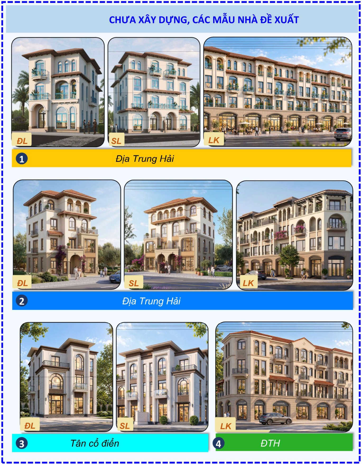 Mẫu nhà 1 đến 4: chưa xây dựng, các mẫu nhà đề xuất